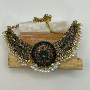 Adjustable Gold with Green Stone Necklace Choker and Earring Set